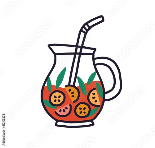 Glass jug with fruit lemonade. Red drink with mint leaves in pitcher with str...