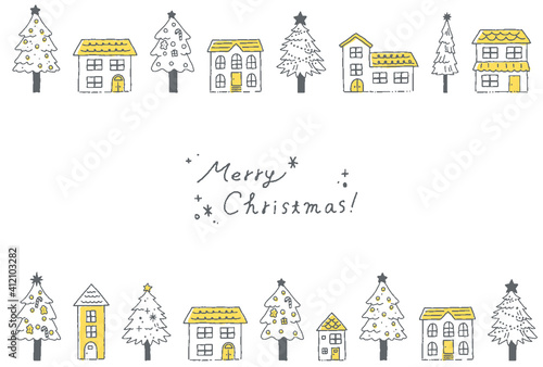 クリスマスの街並みと雪のグリーティングカードイラスト
