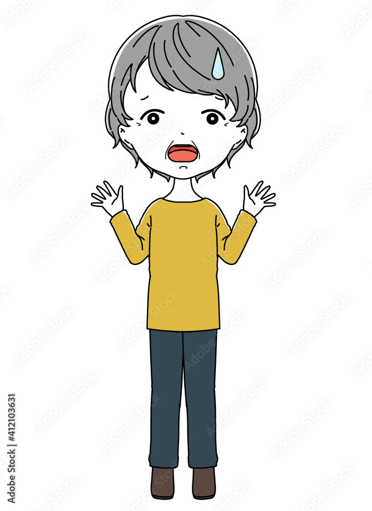 驚いて困っているおばあちゃんの全身イラスト 驚いて困っているおばあちゃんの全身イラスト