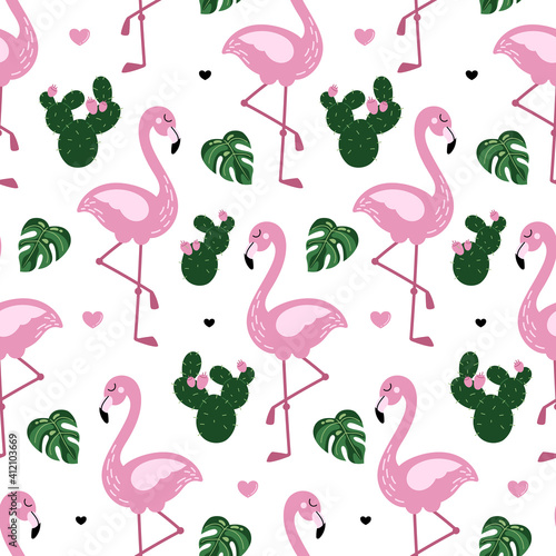 Flamingo seamless pattern with monstera leaves and cactus. Cute tropical wallpaper and fabric print. Doodle vector illustration isolated on white background.