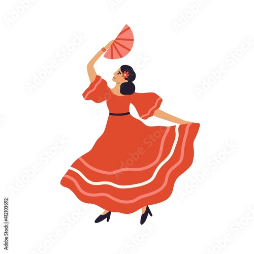 Beautiful spanish flamenco dancer dancing with fan in traditional red dress. Hispanic passion woman in national costume. Colored flat vector illustration isolated on white background