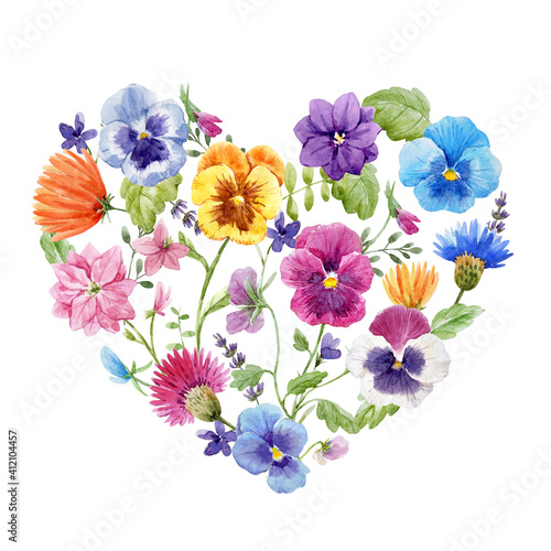 Beautiful floral heart with watercolor spring flowers. Stock illustration.