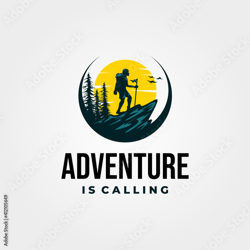 adventure hiking logo vector vintage with sunset illustration design