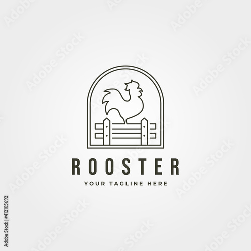 rooster with fence line art logo vector emblem illustration design