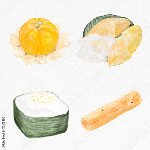 Thai traditional desserts vector watercolor set