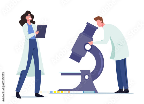 Urine Test Examination for Disease Check Up in Hospital or Clinical Laboratory. Tiny Doctors Research Urine Sample