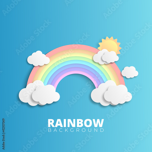 Abstract Rainbow in the rainy season. Paper art design for clouds, sun and rainbow. paper cut and craft design. vector, illustration.