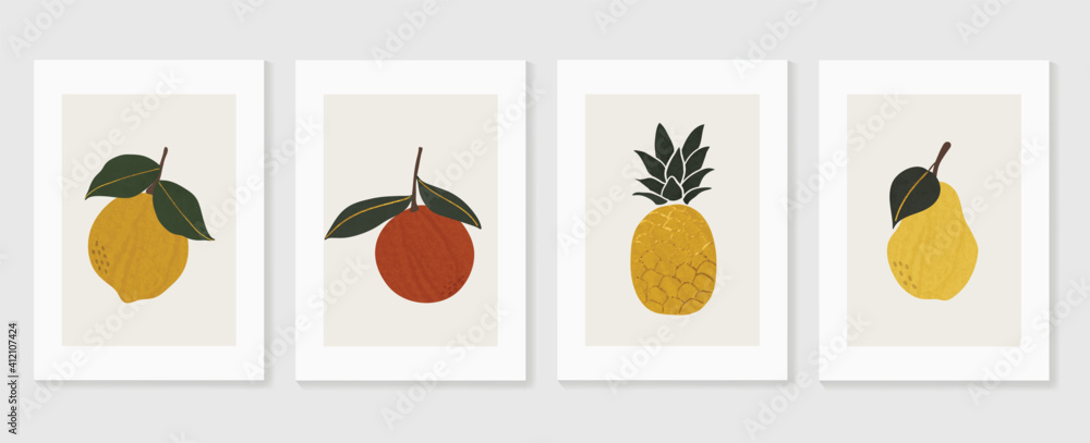 Fruits wall art Gold background vector. Hand drawn tropical fruit with