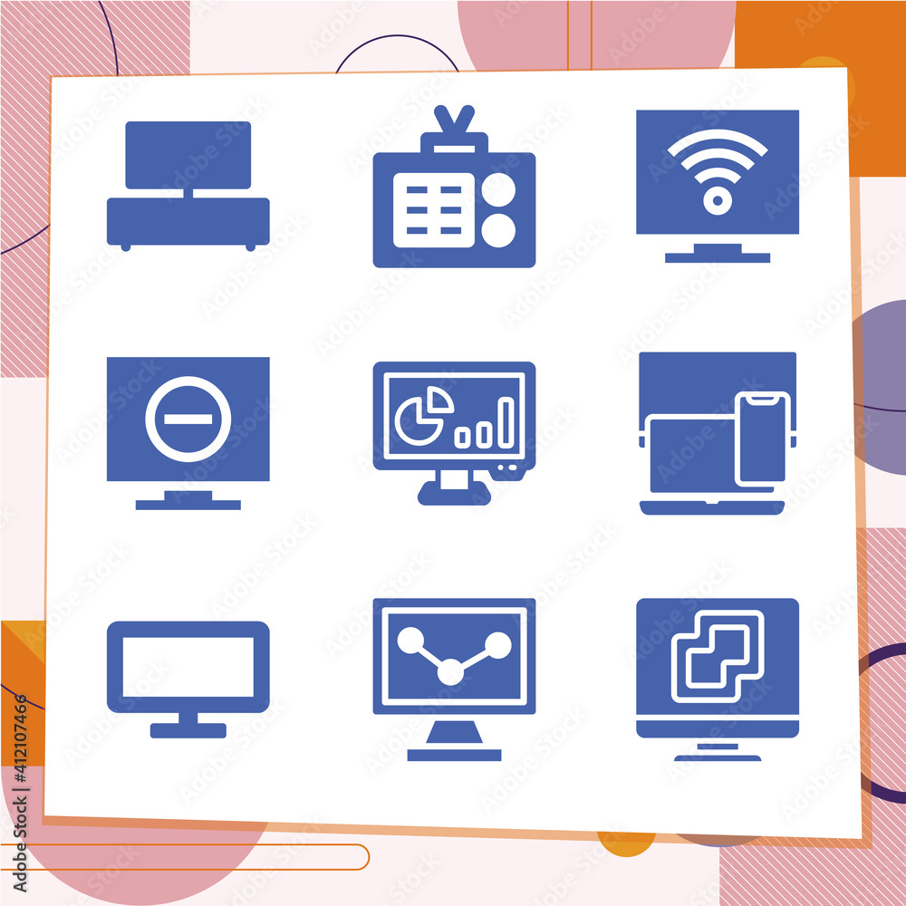 Simple set of 9 icons related to television tube Simple set of 9 icons related to television tube