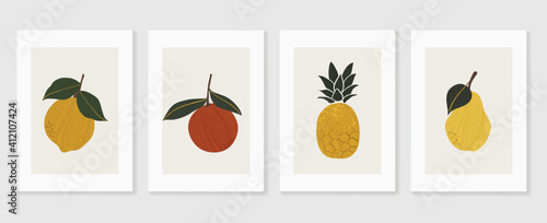 Fruits wall art Gold background vector.  Hand drawn tropical fruit with golden and watercolor texture. Vector illustration for prints  wall decoration  wallpaper and cover design. 