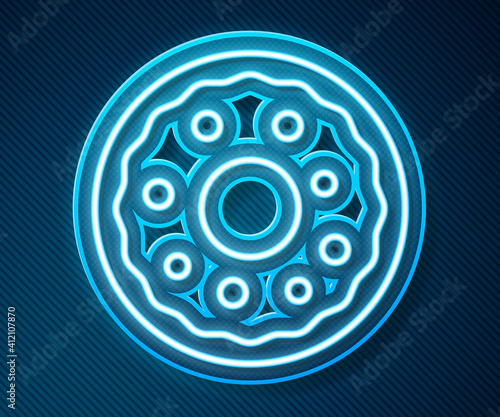 Glowing neon line Donut with sweet glaze icon isolated on blue background. Vector.