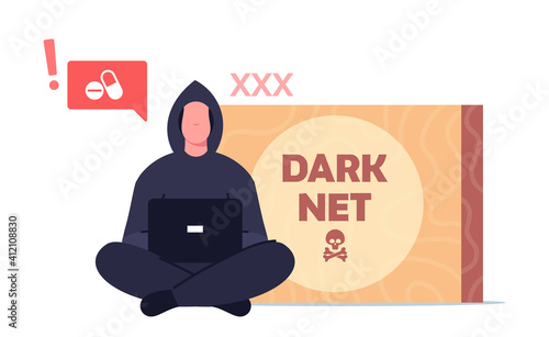 Hacker Criminal Male Character in Black Hoodie Sitting with Laptop in Hands Searching Hidden Information in Dark Net