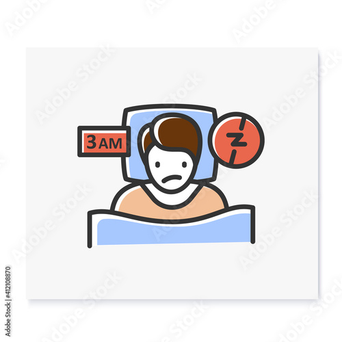 Insomnia color icon. Sleep disorder. Healthy sleeping concept. Sleep problems treatment. Falling asleep trouble. Stress. Health care. Isolated vector illustration