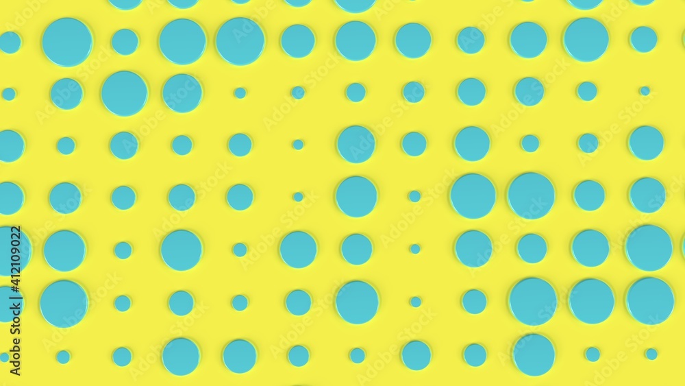 3d render pattern of blue circles on a yellow background