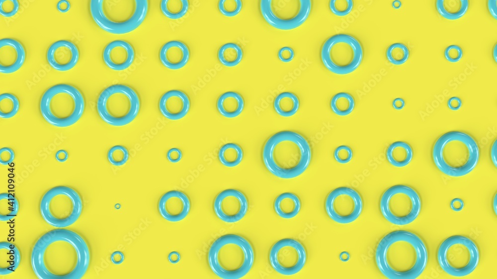 3d render pattern of blue tori on yellow background
