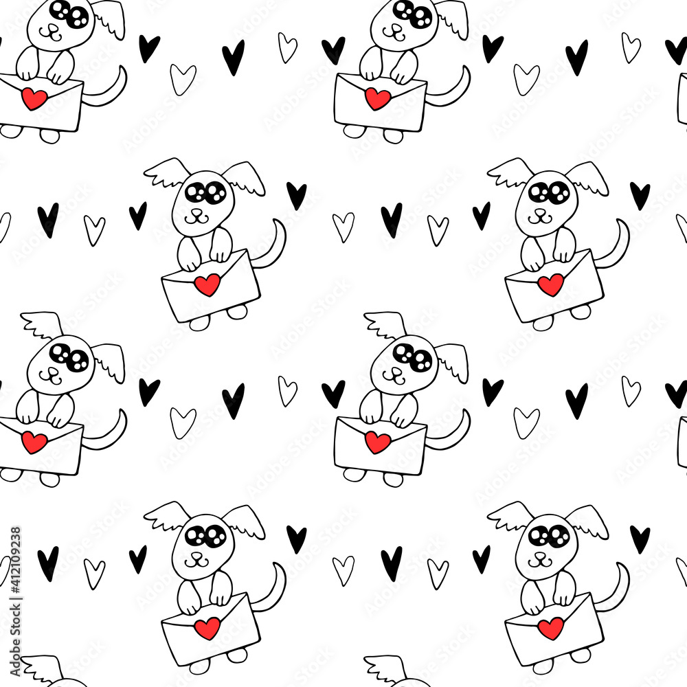 Vector Seamless pattern. Cute contour little dog with love letter and hearts. Hand drawn doodle. Background and texture on theme of Valentine's Day, sending and receiving post, confessions of feelings Vector Seamless pattern. Cute contour little dog with love letter and hearts. Hand drawn doodle. Background and texture on theme of Valentine's Day, sending and receiving post, confessions of feelings