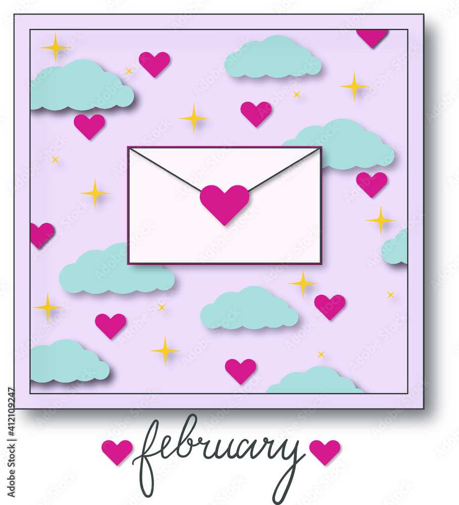 Vector Paper cut card, 14 February, love, poster, banner, sale, postcard