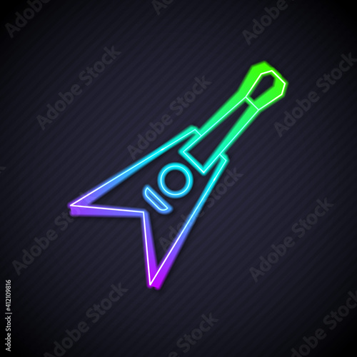 Glowing neon line Electric bass guitar icon isolated on black background. Vector.