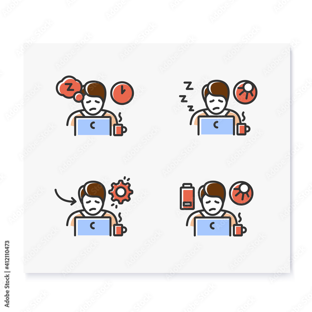  Sleep disorder color icons set. Healthy sleeping concept. Different types of sleep disorders. Falling asleep trouble. Stress. Health care. Isolated vector illustrations