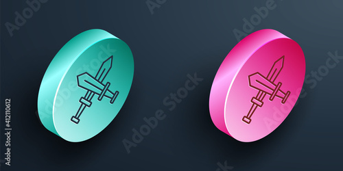 Isometric line Crossed medieval sword icon isolated on black background. Medieval weapon. Turquoise and pink circle button. Vector.