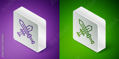 Isometric line Crossed medieval sword icon isolated on purple and green background. Medieval weapon. Silver square button. Vector.