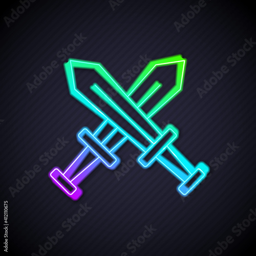 Glowing neon line Crossed medieval sword icon isolated on black background. Medieval weapon. Vector.