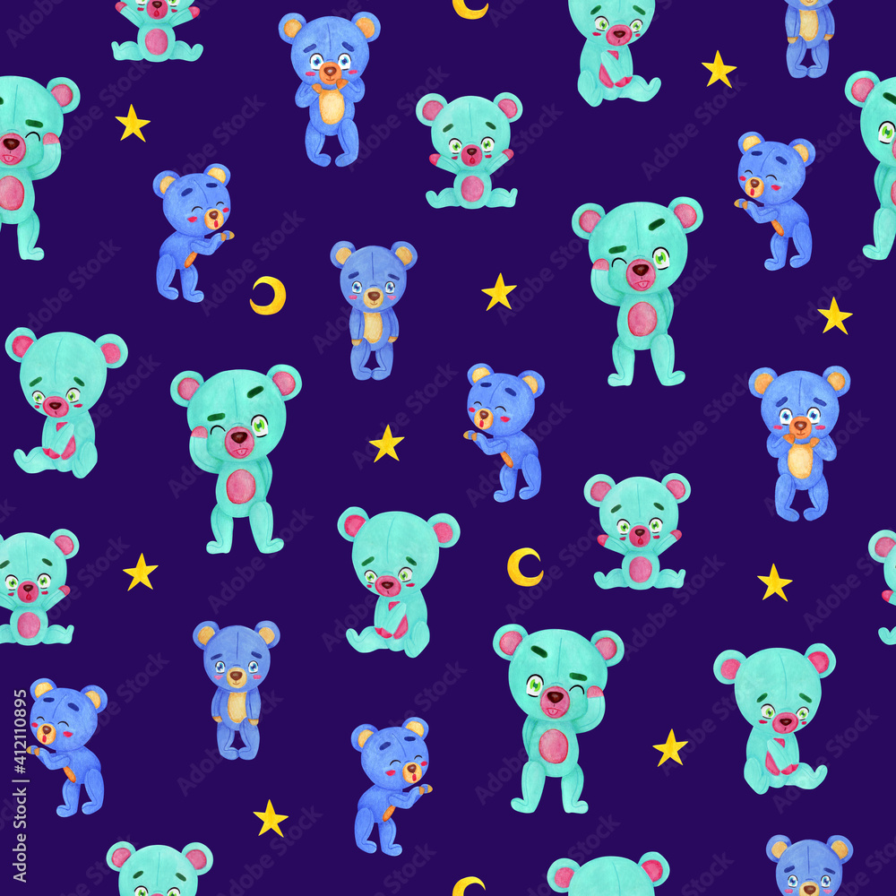 Obraz premium Watercolor Illustration Hand Painted Nersery Baby Seamless Pattern Print Cartoon Teddy Bear Clipart