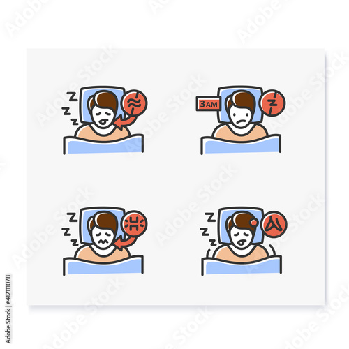  Sleep disorder color icons set. . Healthy sleeping concept. Symptoms and types disorders sleep. Falling asleep trouble. Stress. Health care. Isolated vector illustrations