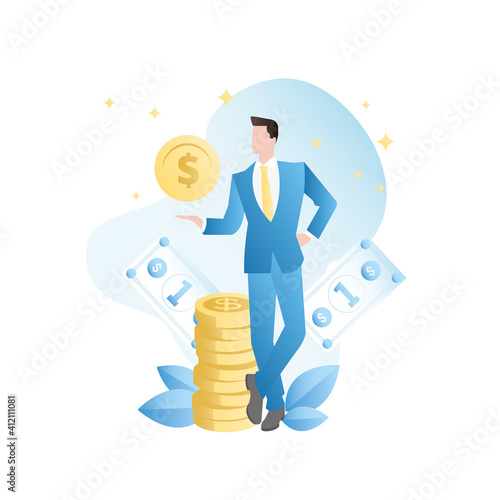 Vector successful happy businessman makes lot of money,cash,holds on his hand,shows big gold coin,finance.Banker in business suit stands on blue background of banknotes, wealth, luxury.