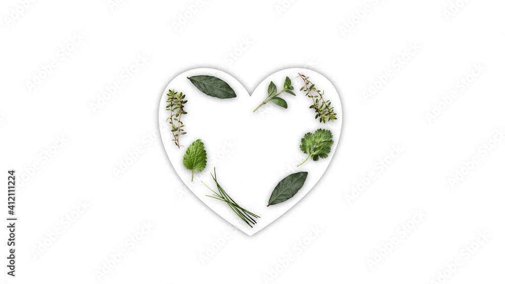 Fresh harvested herbs isolated on white create shape of heart. Natural medicine. Fresh harvested herbs isolated on white create shape of heart. Natural medicine.