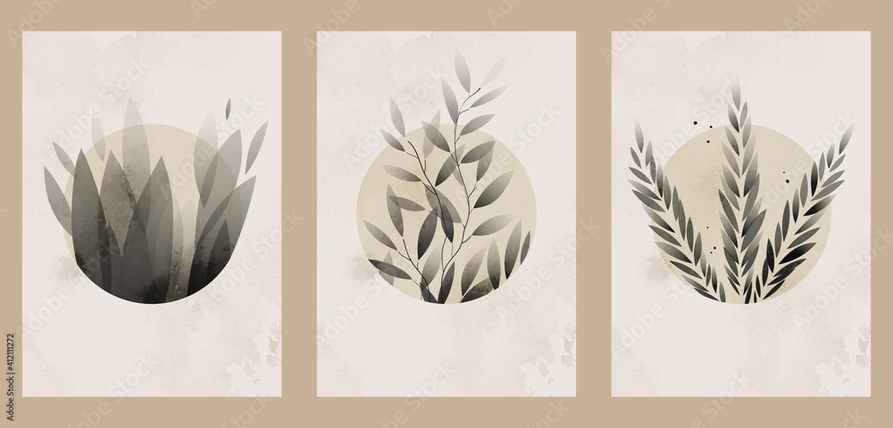 custom made wallpaper toronto digitalA set of three abstract minimalist aesthetic floral illustrations. Black silhouettes of plants on a light background. Modern monochrome vector posters for social media, web design in vintage style.