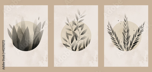 A set of three abstract minimalist aesthetic floral illustrations. Black silhouettes of plants on a light background. Modern monochrome vector posters for social media, web design in vintage style.