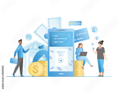 Vector people use an application,  website of contactless banking services on Internet to collect, save, transfer funds, money. Credit card is tied to smartphone.