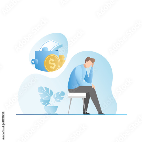 Poor, upset person thinks about wealth, about where to make cash. In man's thoughts, wallet full of money, coins. Blue background vector illustration. Unprofitable business man. Lack of money.