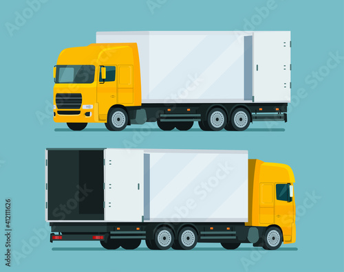 Cargo truck two angle set. Truck with open cargo door. Vector flat style illustration.