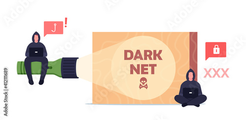 Hacker or Criminal Male Characters in Black Hoodie Sitting on Flashlight with Laptop in Hands Searching Hidden Info