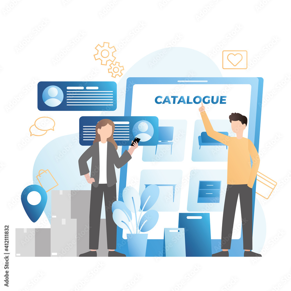 Vector illustration of picture of people choosing in catalog of an online store, goods on Internet. Contactless online payment in smartphone, on tablet in an application, on website. Vector illustration of picture of people choosing in catalog of an online store, goods on Internet. Contactless online payment in smartphone, on tablet in an application, on website.