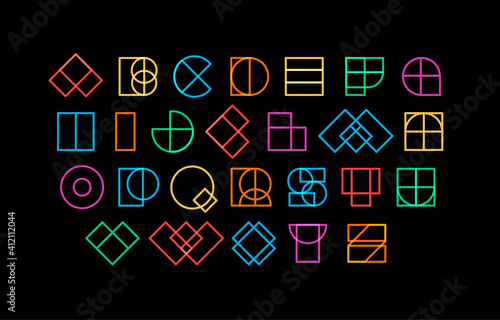 colored letters from geometric shapes, decorative font for fantastic headline design, linear logo and neon sci-fi lettering, vector alphabet.