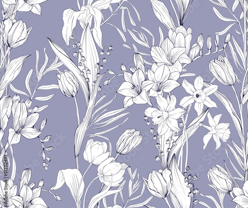Floral pattern with beautiful garden flowers, tulips, lilies of the valley, daffodils, freesia. Vector seamless background.