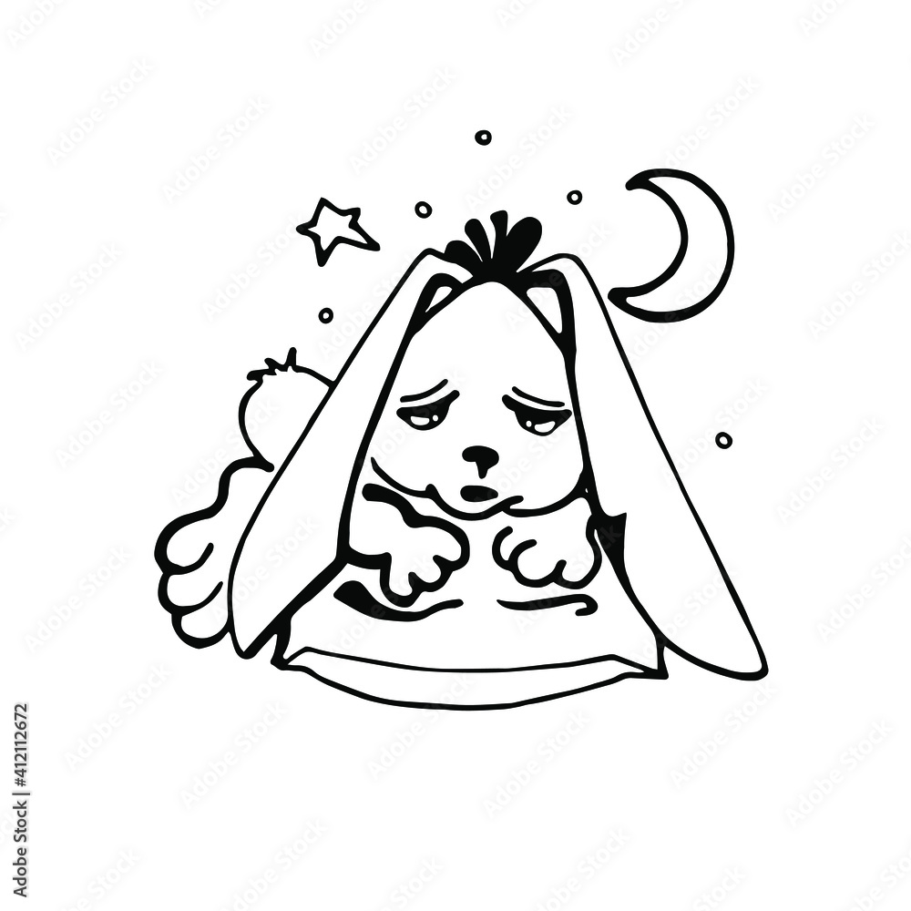 Obraz premium The character bunny, sleepy tired lying on the pillow. Vector illustration in cartoon style, conveys feelings and emotions.For book illustration, sticker, prints.