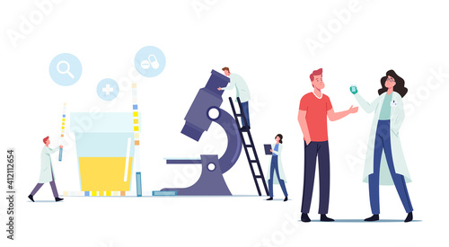 Male Character Give Urine Test in Clinical Laboratory. Tiny Doctors at Huge Microscope and Container with Urine Research