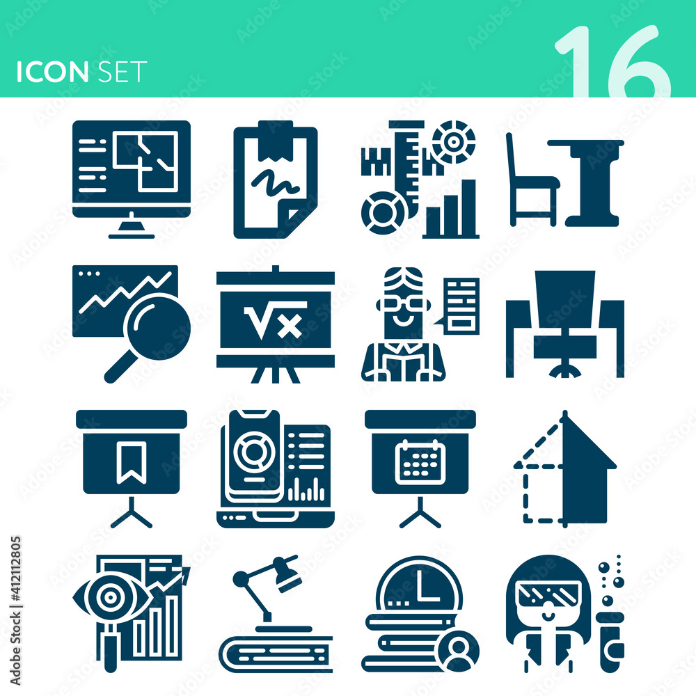 Simple set of 16 icons related to analyzing Simple set of 16 icons related to analyzing