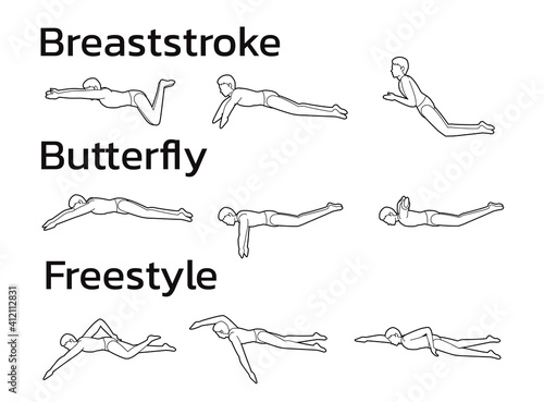 Swimming Type Poses Animation Motion Sequence Cartoon Vector Black and White