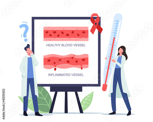 Tiny Doctors with Huge Thermometer Stand at White Board with Infographics Healthy and Inflammated Vessels, Rosacea