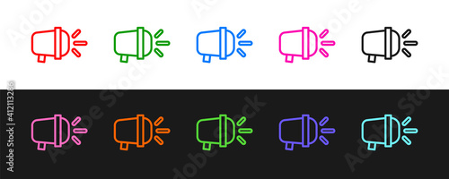 Set line Bicycle head lamp icon isolated on black and white background. Cycling road sport night ride light. Vector.