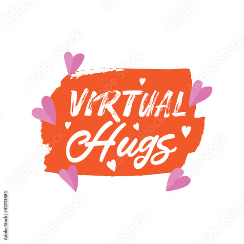 Drawn text, virtual hug withhearts, vector, illustration.