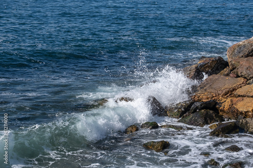 waves crashing on the shore, wavy sea, seagulls,