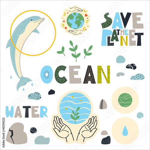 A set of cliparts about protection of Ocean.