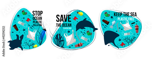 stop ocean plastic pollution. Garbage on seabed among marine life. Turtle, stingray, dolphin. Set