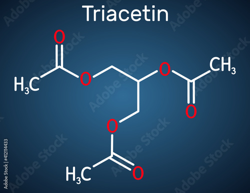 Triacetin, glycerin triacetate molecule. It is triglyceride, triester of glycerol, food additive with E number E1518. Structural chemical formula on the dark blue background